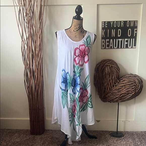 Floral Sleeveless Midi Dress - White with Red and Blue Accents - Picture 1 of 7
